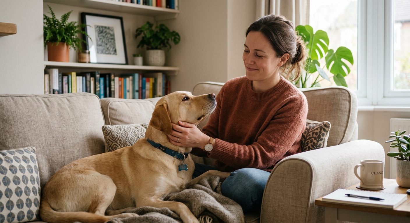A person gently petting a dog, looking calm and content, suggesting emotional support and stability during a stressful period like a career change.