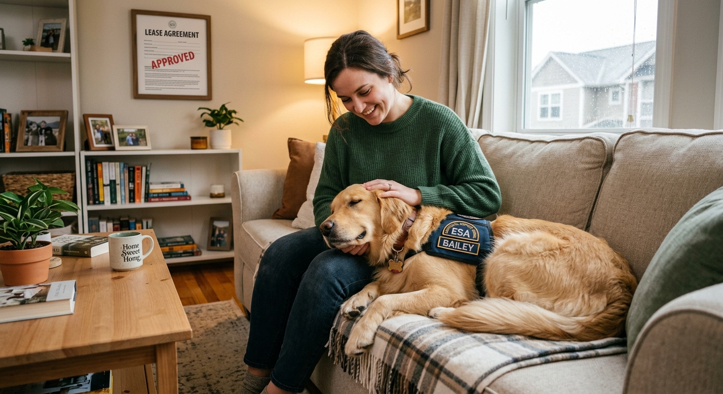 A happy Emotional Support Animal (ESA), a golden retriever, resting calmly beside its owner in a cozy apartment living room, signifying successful lease accommodation.