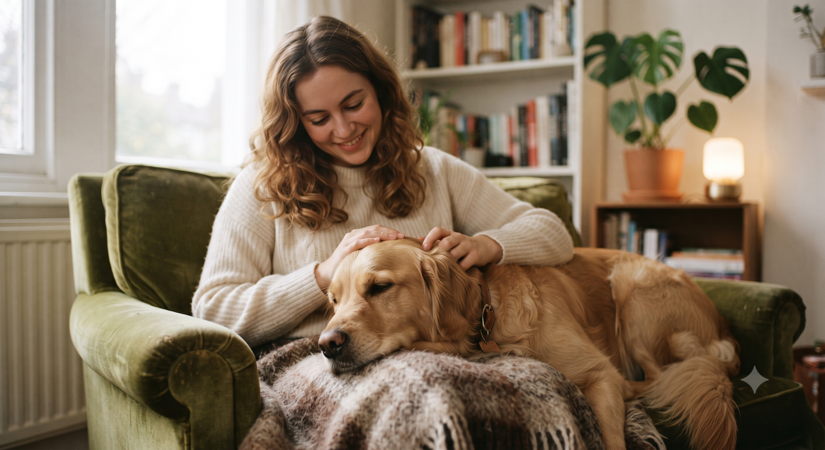 A golden retriever resting its head gently on a person's lap, symbolizing comfort and emotional support for mental health.