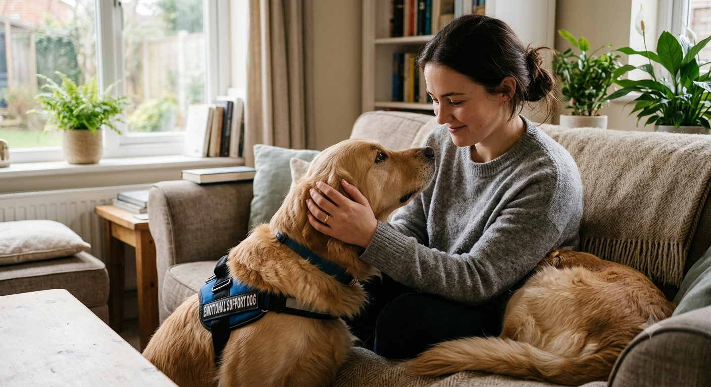 A person gently petting a comforting dog, symbolizing the support and calm an emotional support animal provides.