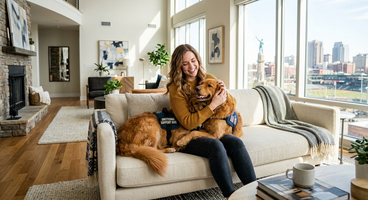 A happy person petting an emotional support dog on a sofa in a modern, sunlit luxury apartment living room in Birmingham, Alabama.