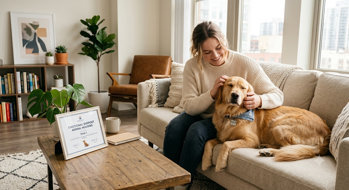 A person gently petting a golden retriever in a modern apartment living room, signifying emotional support animal housing.