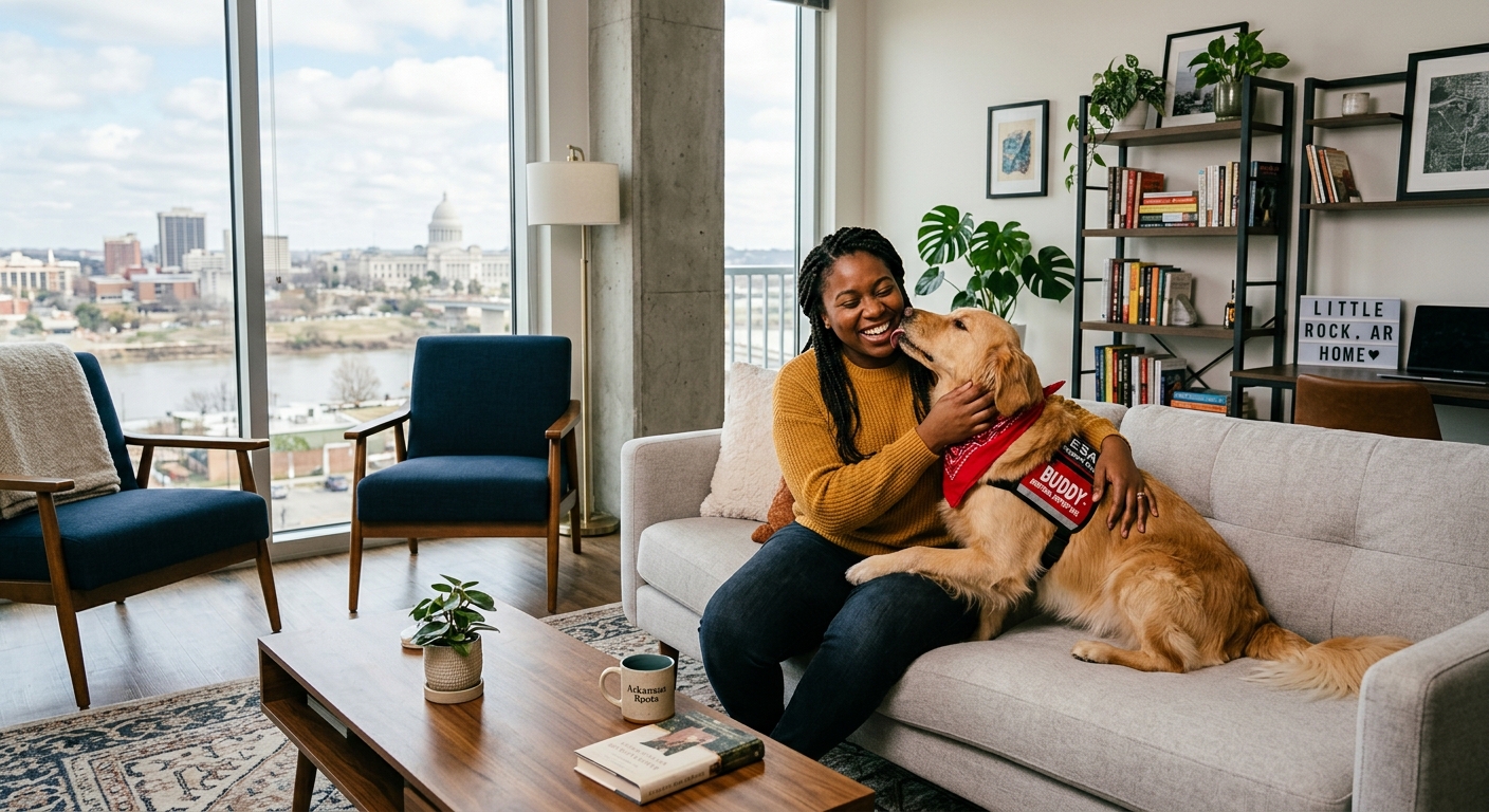 A person happily petting their emotional support dog inside a modern apartment living room in Little Rock, Arkansas.