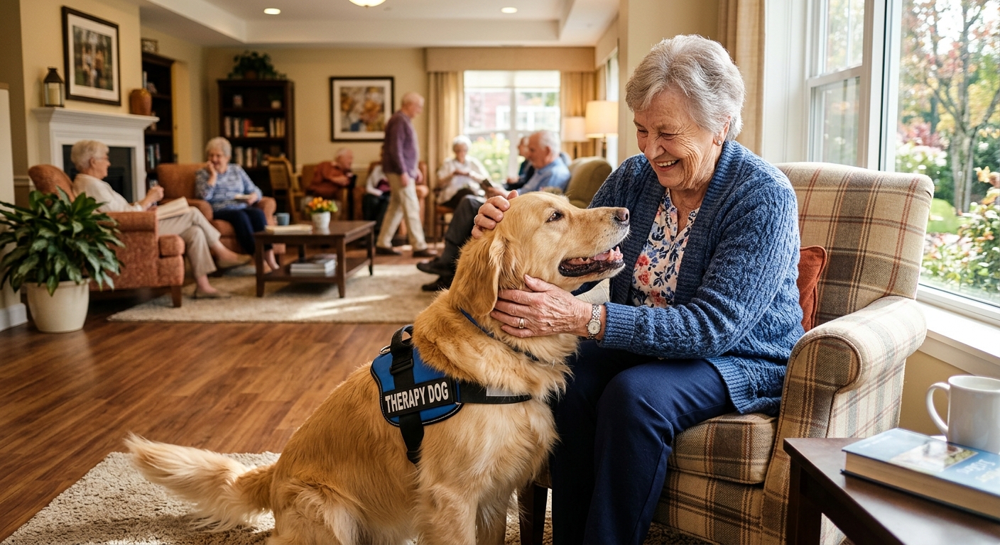 An elderly woman smiling and petting a golden retriever in a sunlit senior living common area, showcasing the comfort and companionship a support animal brings.