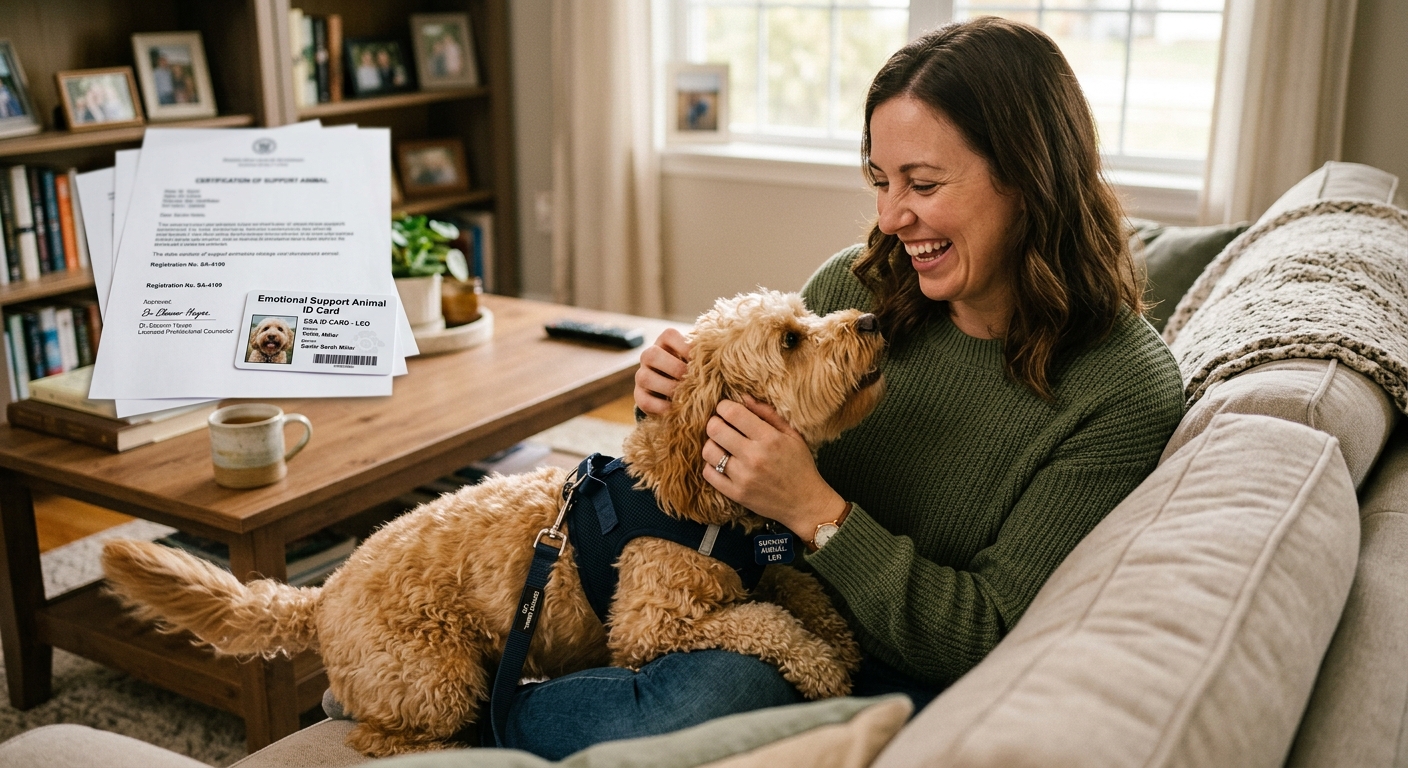 A person happily petting their dog, with official-looking documents subtly in the background, symbolizing legitimate support animal paperwork.