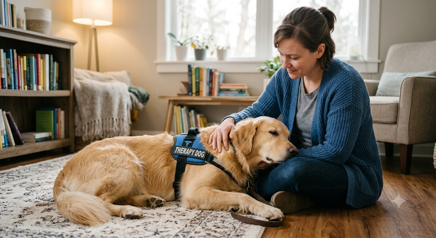 A person gently petting a golden retriever, symbolizing the comfort and support provided by clinical support animals for mental well-being.