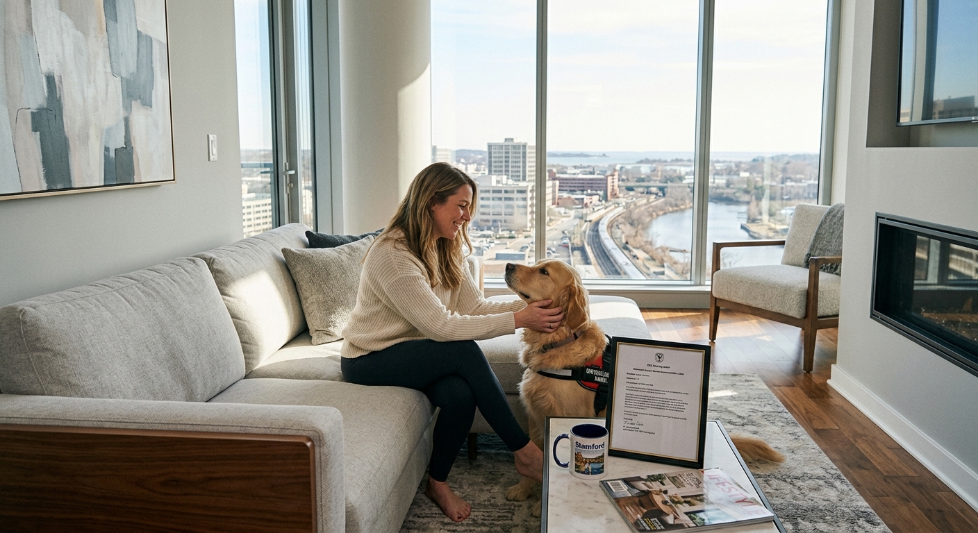 A person with an emotional support dog relaxing in a modern, luxury apartment living room in Stamford, symbolizing comfort and compliance with ESA housing laws.
