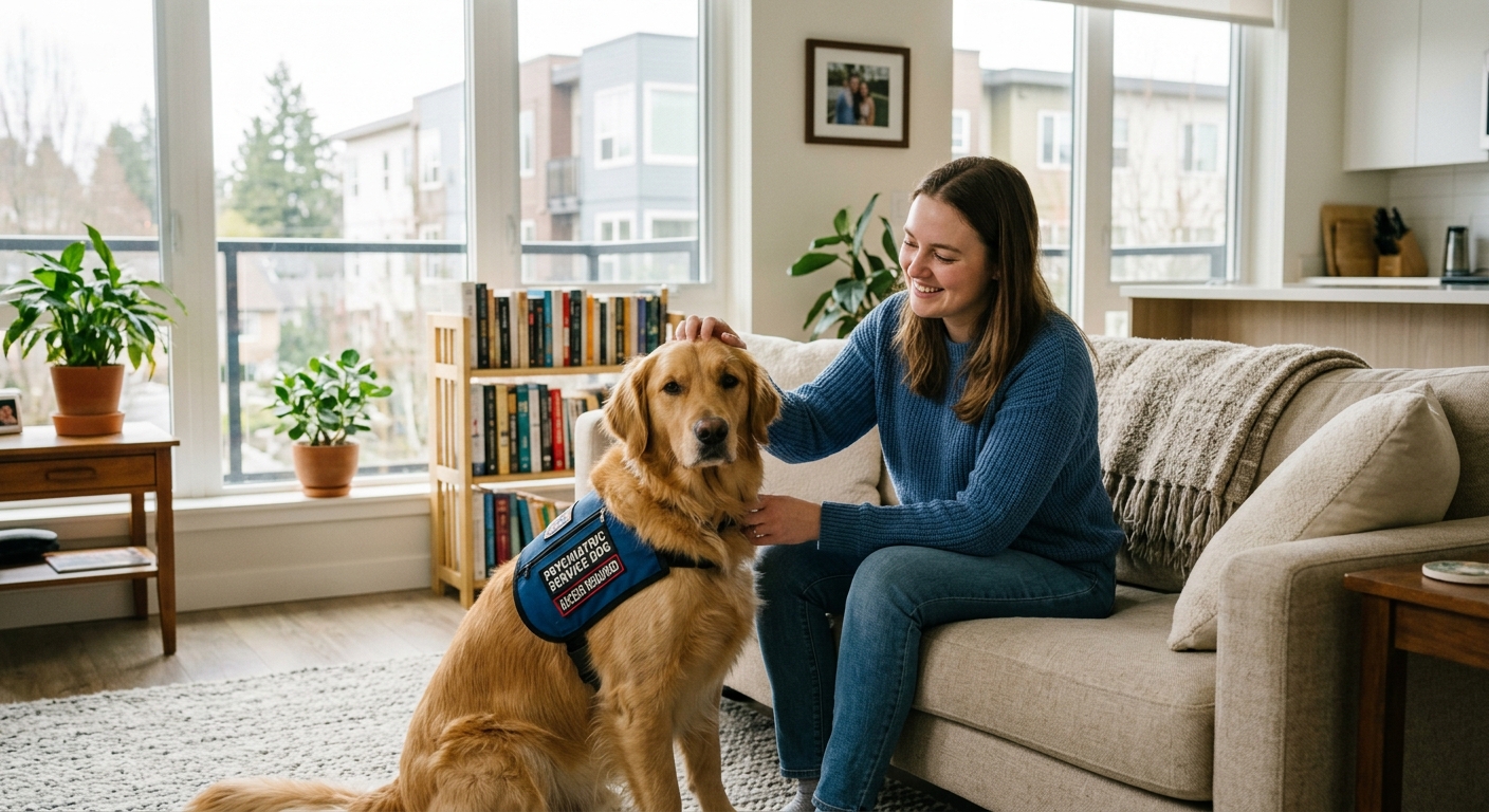 A person petting a golden retriever Psychiatric Service Dog sitting calmly inside a bright, modern apartment, symbolizing housing security.