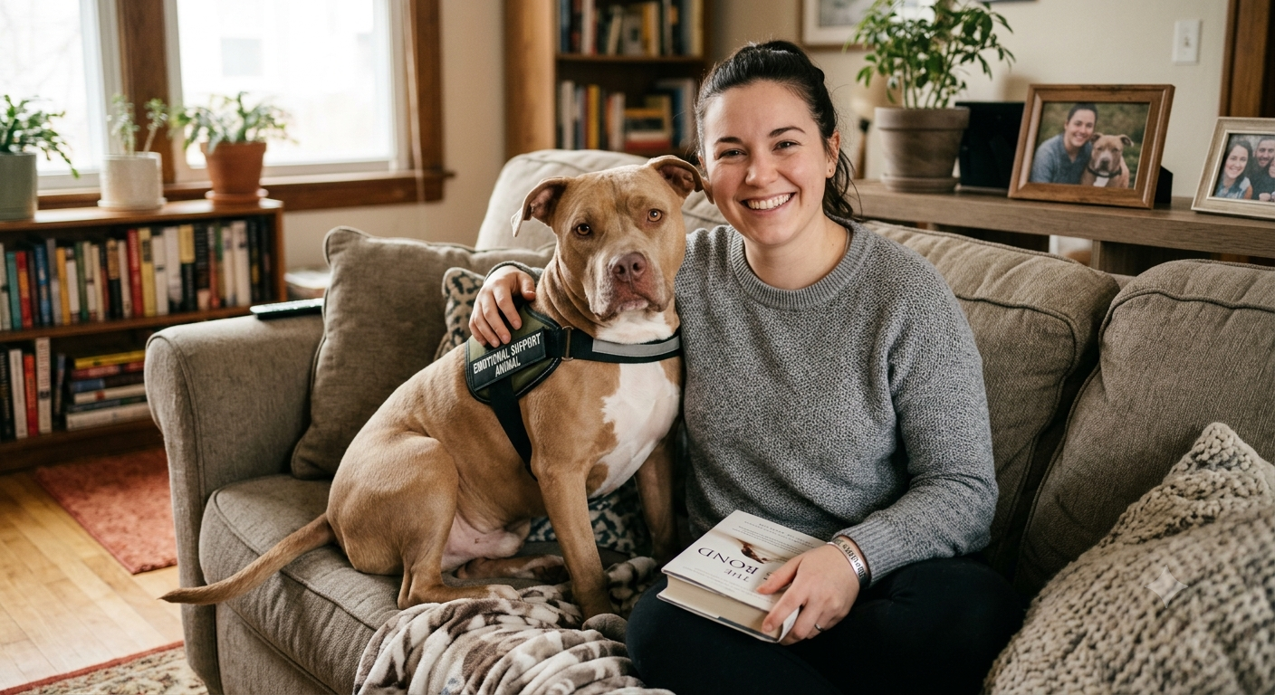A happy Pitbull sitting calmly next to its owner on a couch, illustrating the bond between an Emotional Support Animal and its human.