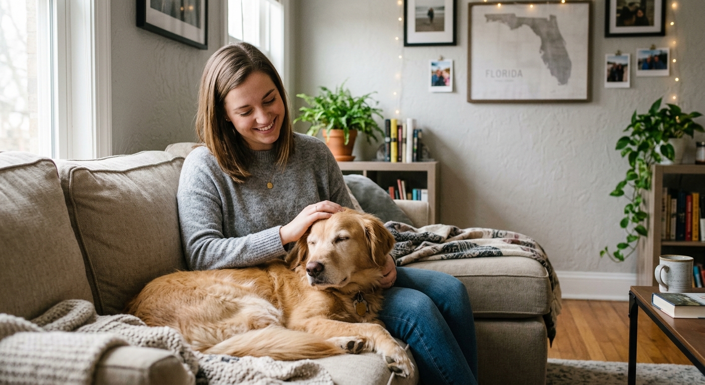 A person gently petting a dog on a couch, illustrating comfort and emotional support in a home setting, with Florida state map outline faintly in background.