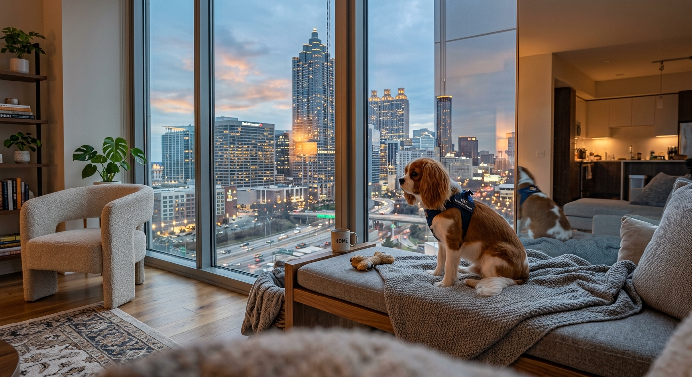 A small, calm dog sitting by a window overlooking the Atlanta skyline from a modern luxury high-rise apartment, symbolizing emotional support animal housing.