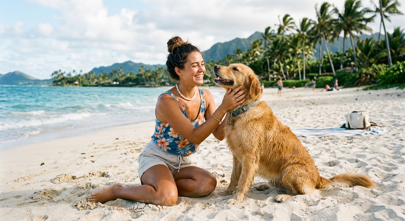 An emotional support dog looking out over a Hawaiian beach, symbolizing freedom from housing and quarantine restrictions for assistance animals.