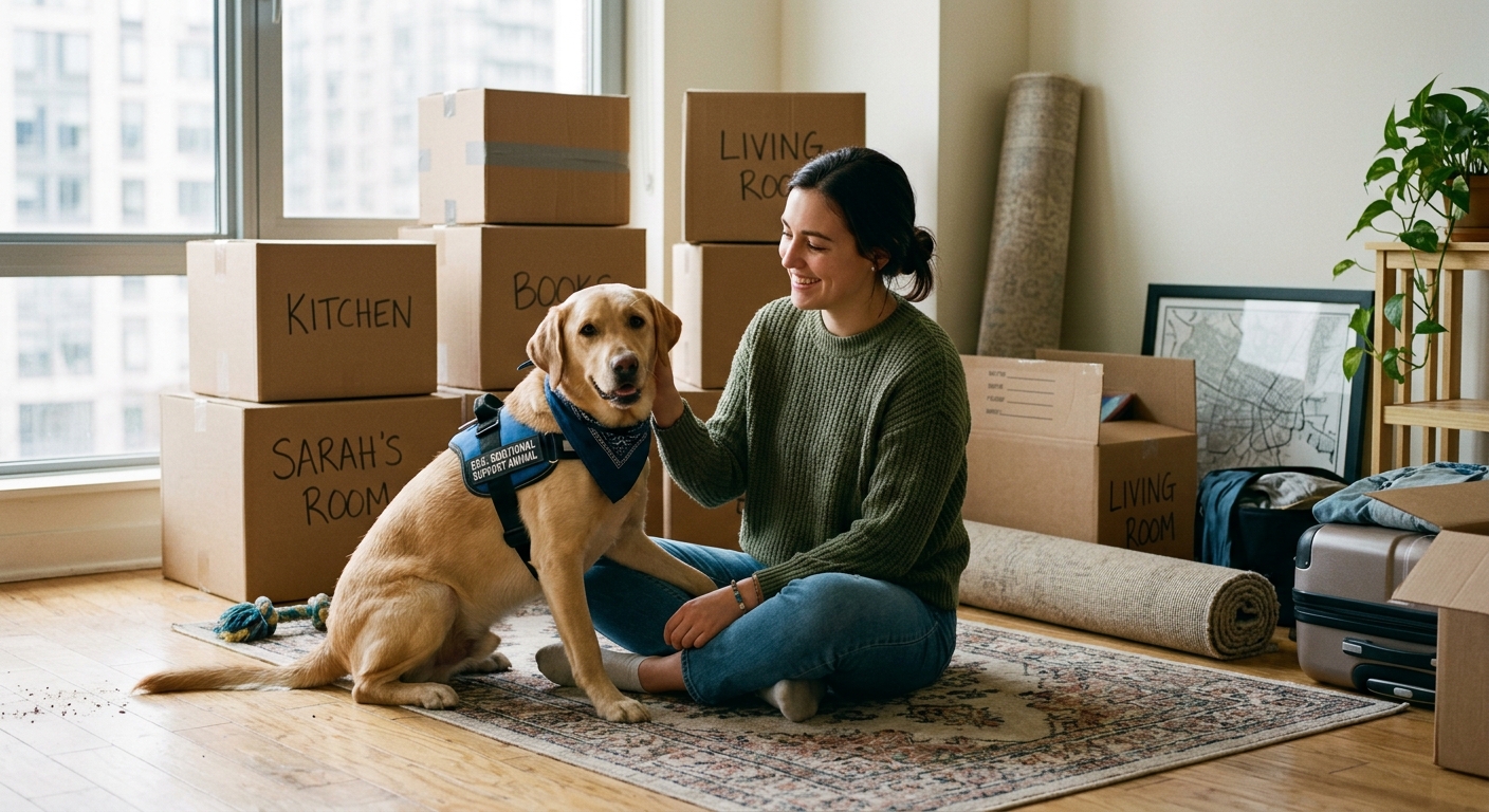 A person petting an emotional support dog sitting calmly on an apartment floor, with moving boxes in the background, symbolizing subletting with an ESA.