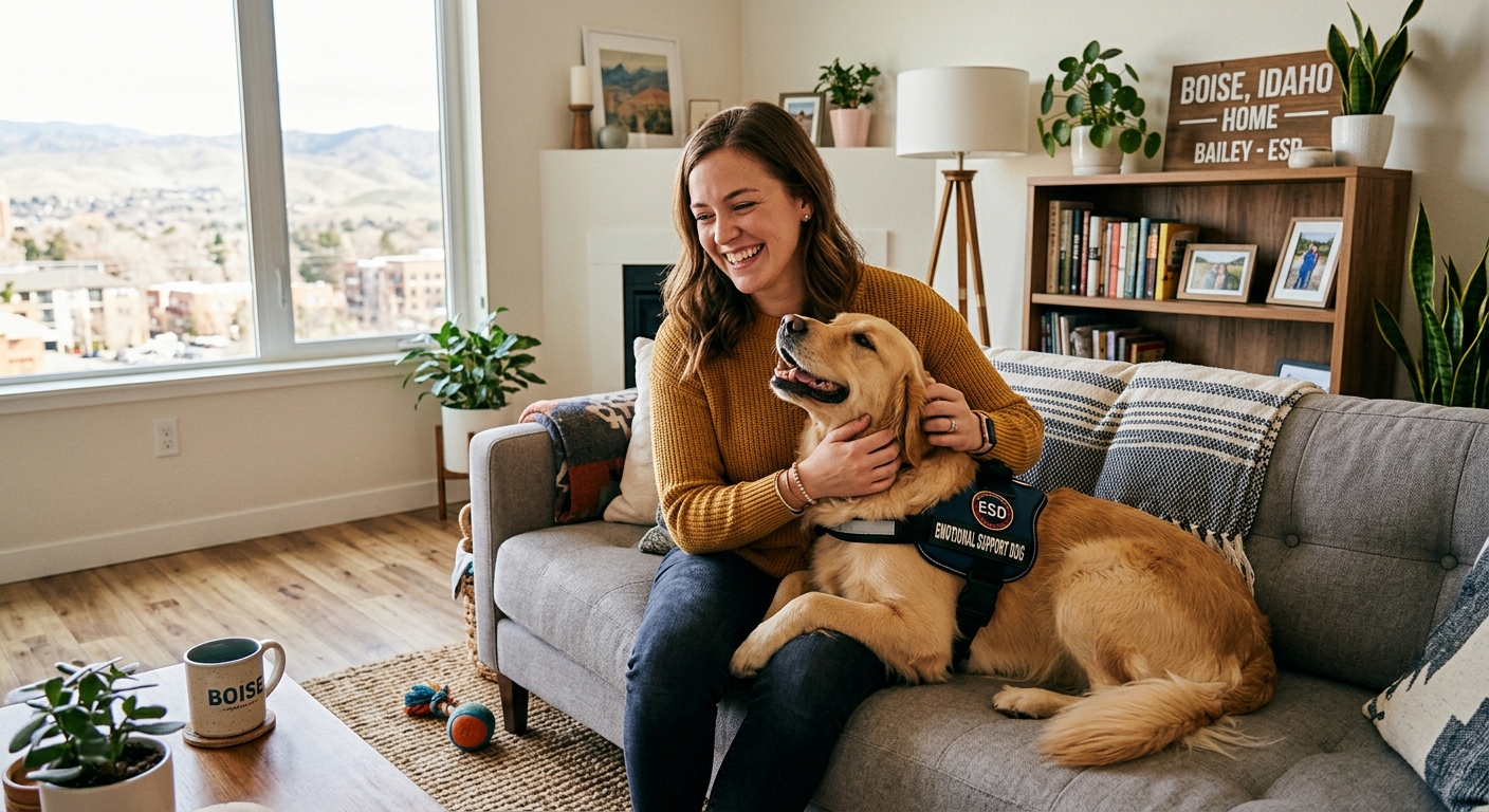 A person happily petting an emotional support dog inside a modern, comfortable apartment living room in Boise, Idaho.