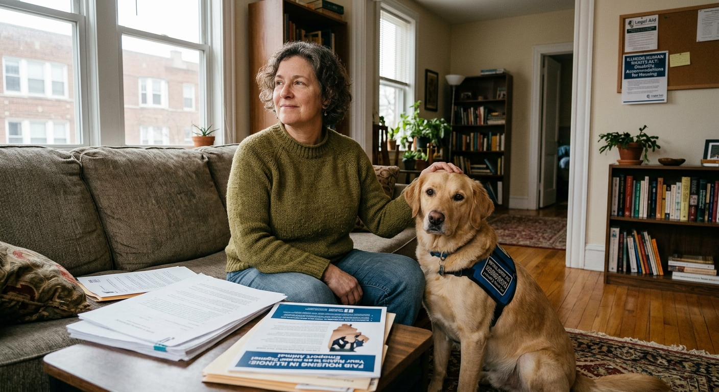 An emotional support dog sitting calmly next to its owner in an apartment living room, illustrating housing rights in Illinois.