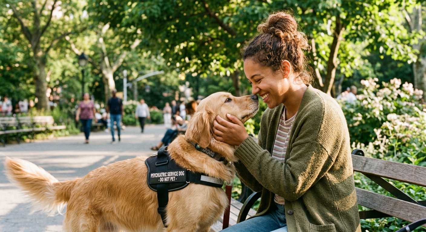A person happily interacting with their Emotional Support Animal or Psychiatric Service Dog, symbolizing companionship and healing.
