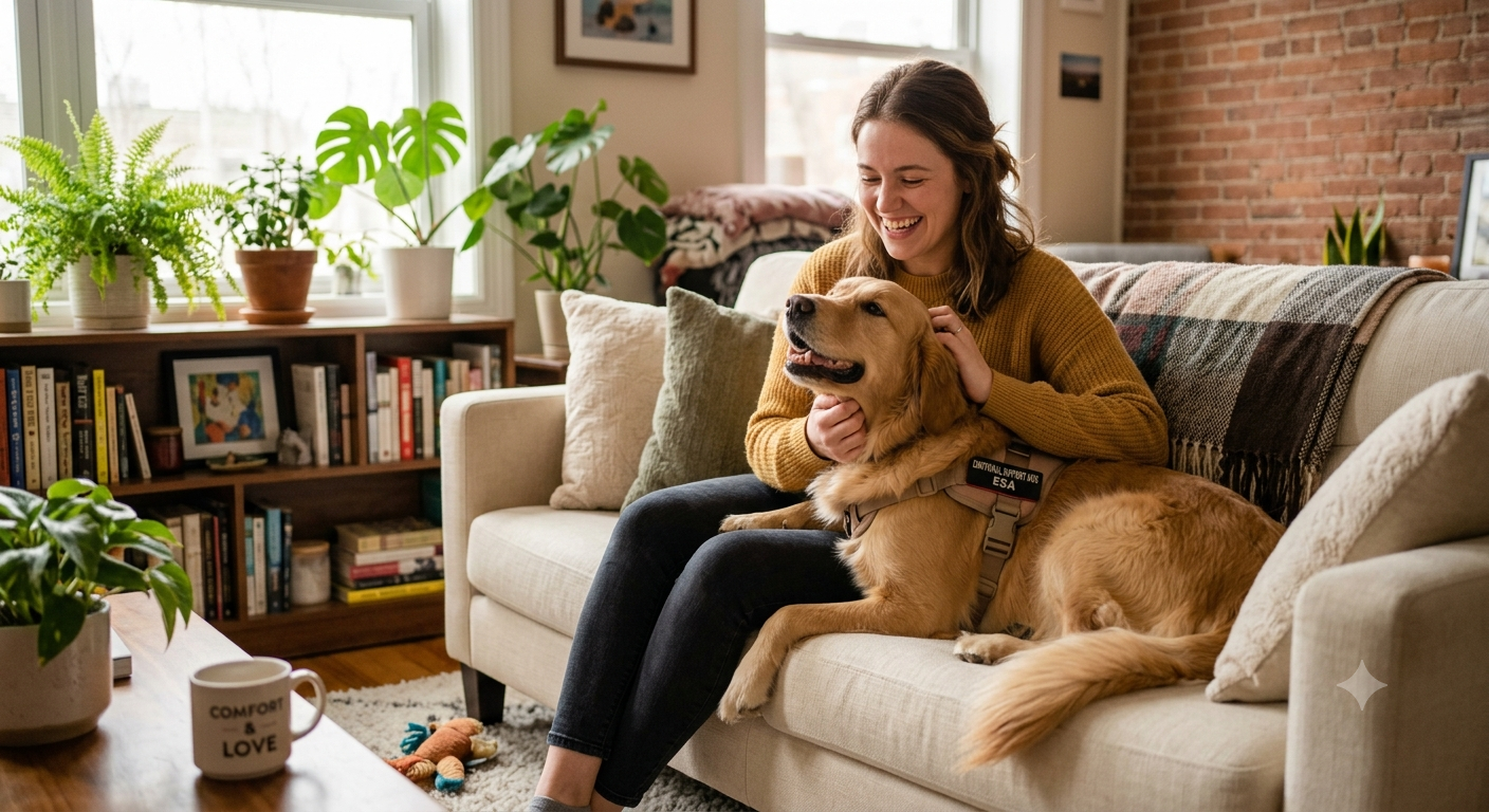 A happy person petting their emotional support dog on a couch in a comfortable apartment setting, symbolizing harmonious living with an ESA.