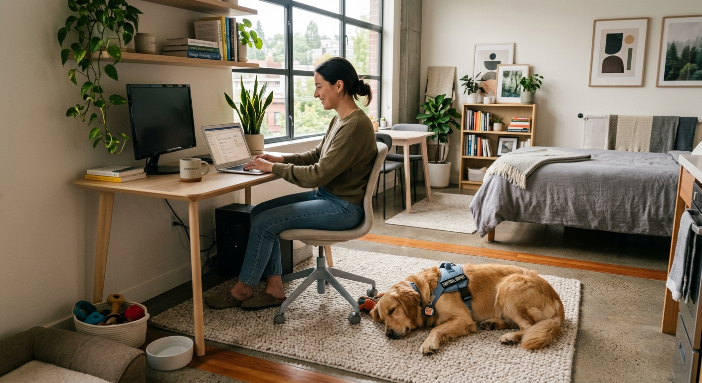 An emotional support dog comfortably resting in a modern, organized live-work studio apartment, illustrating harmonious cohabitation.