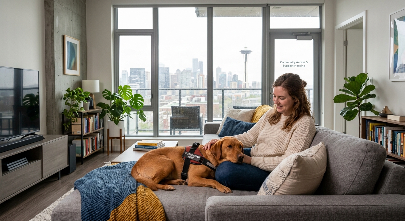 A person with an emotional support dog sitting comfortably on a couch in a modern apartment, representing stable dual-state housing.