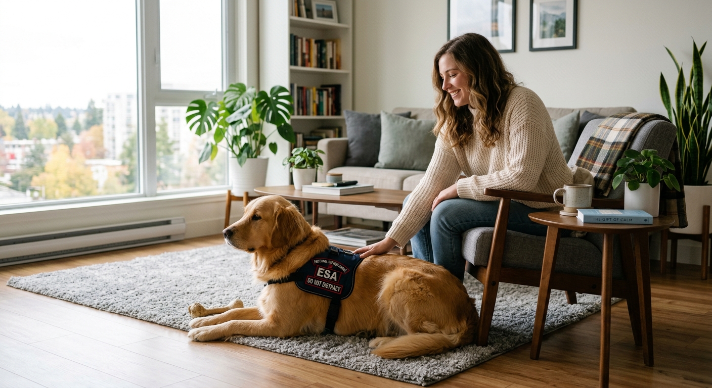 A calm, well-behaved golden retriever, an emotional support animal, relaxing next to its owner in a modern, pet-friendly apartment living room.