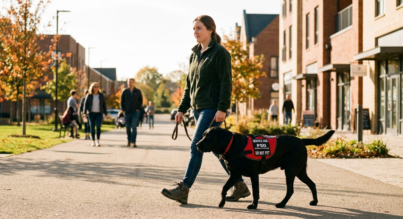 A person with a service dog wearing a vest, confidently walking outdoors, symbolizing the transition from an ESA to a PSD.