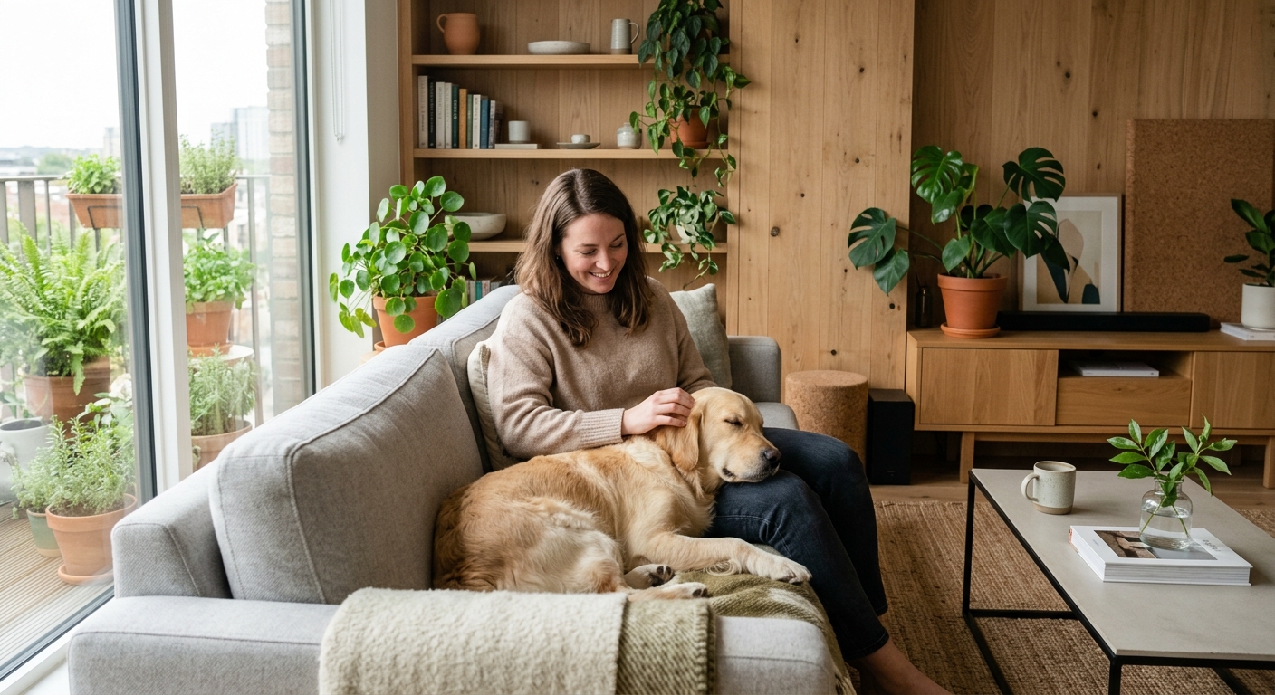 A person gently petting a calm dog in a modern, sustainable apartment living room, symbolizing comfort and harmony.