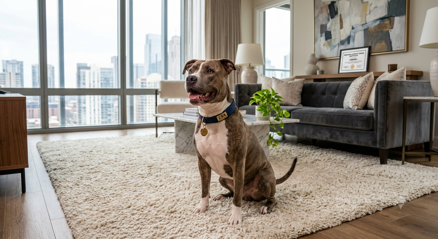 A happy Pit Bull sitting on a plush carpet in a modern, luxurious apartment living room, symbolizing an Emotional Support Animal protected in high-end housing.
