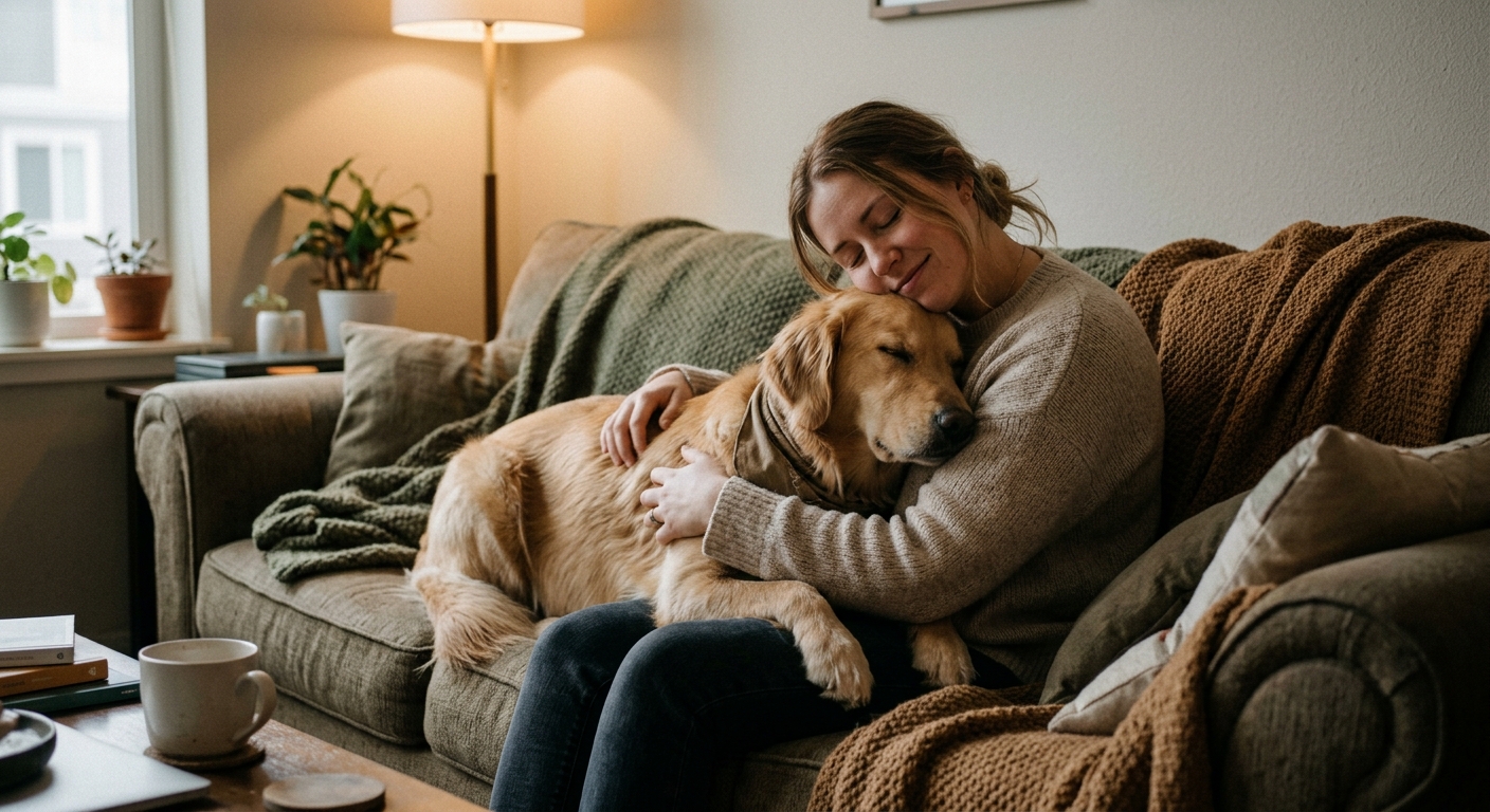 A person cuddling their emotional support dog on a couch, looking relieved and calm after a difficult time.