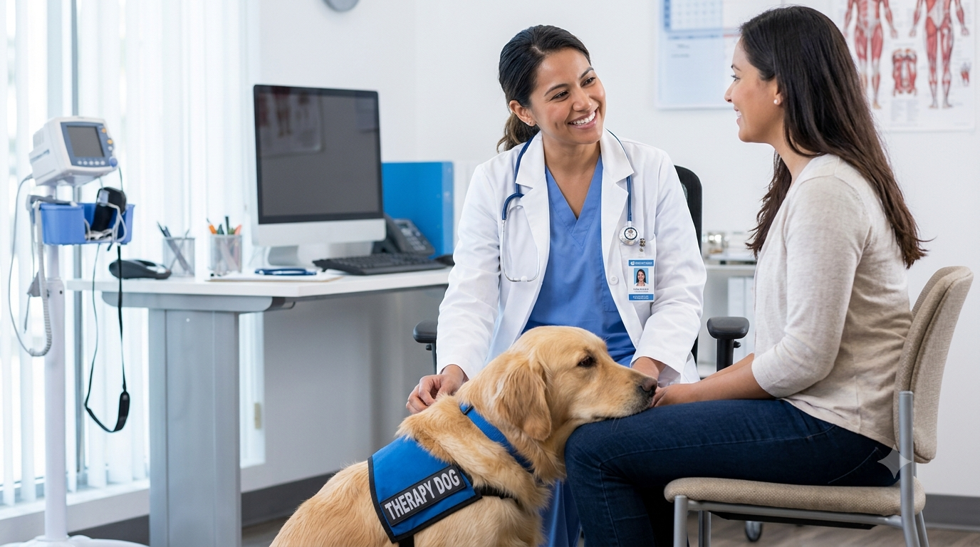 A friendly doctor smiling and talking to a patient with a therapy dog at their feet, symbolizing understanding and support.