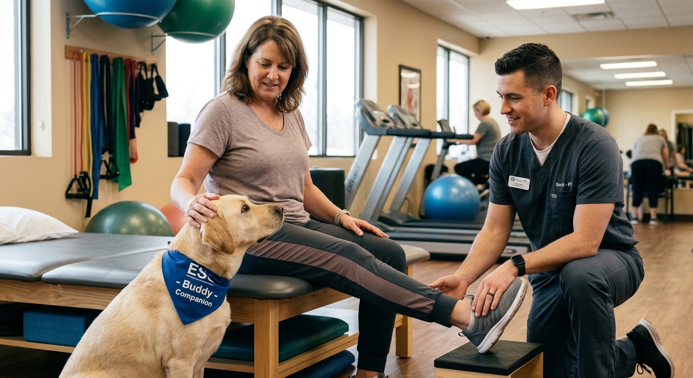 A person gently petting an emotional support dog while performing a physical therapy exercise, symbolizing comfort and aid during rehabilitation.