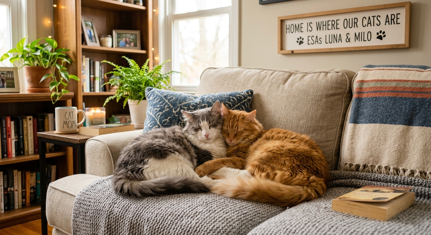 Two fluffy cats cuddling together on a couch, representing emotional support animals in a cozy home setting, highlighting multi-cat ESA housing.