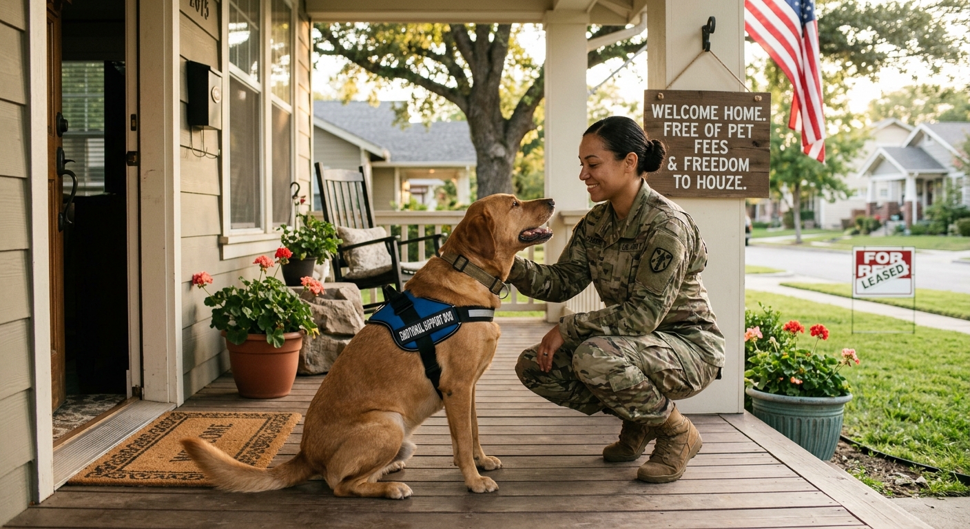A military service member petting an emotional support dog on the porch of a civilian home, symbolizing housing freedom and no pet fees.