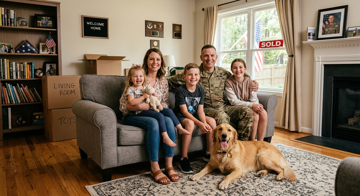 A military family with children and their dog in a new home, looking happy and settled.
