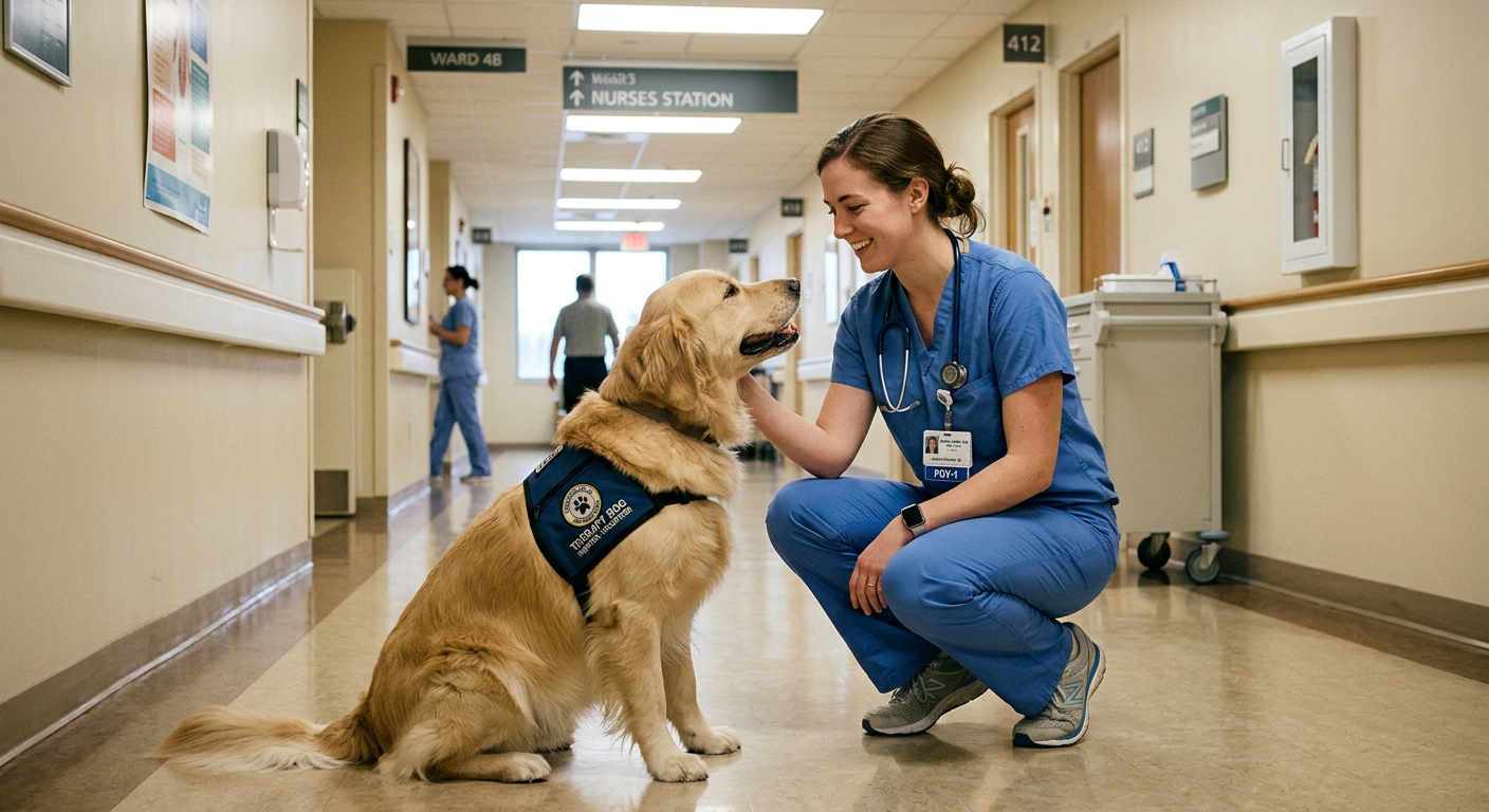A medical resident in scrubs petting a golden retriever in a calm hospital corridor, symbolizing emotional support during demanding residency.