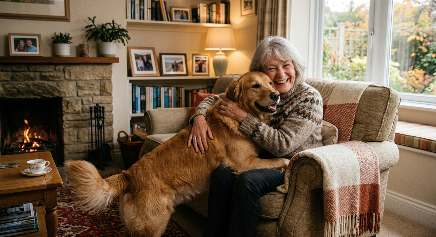 An older woman smiling and hugging a golden retriever in a cozy living room, symbolizing companionship and emotional support for empty nesters.