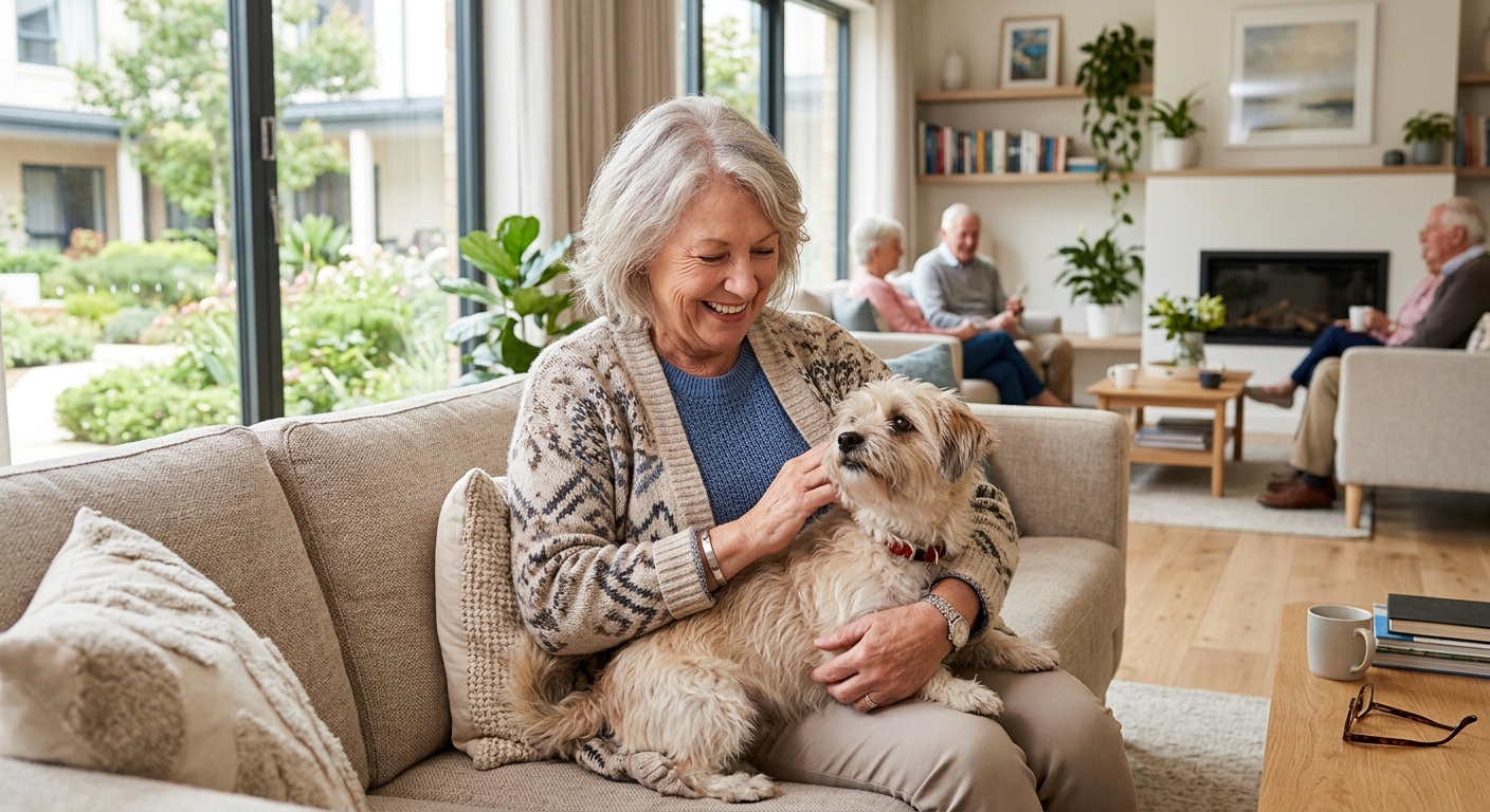 A happy senior woman gently petting her small dog in a bright, modern retirement community living room.