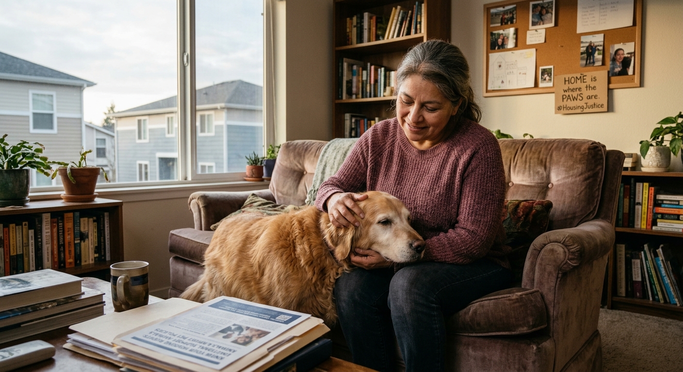 A person gently petting a golden retriever in a living room, symbolizing emotional support and housing rights amidst changing pet policies.