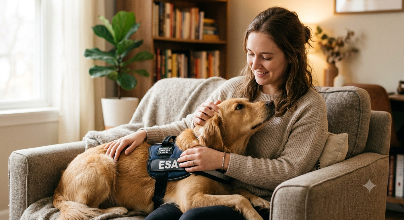 A person gently petting an Emotional Support Animal (ESA) dog, symbolizing comfort and emotional well-being.
