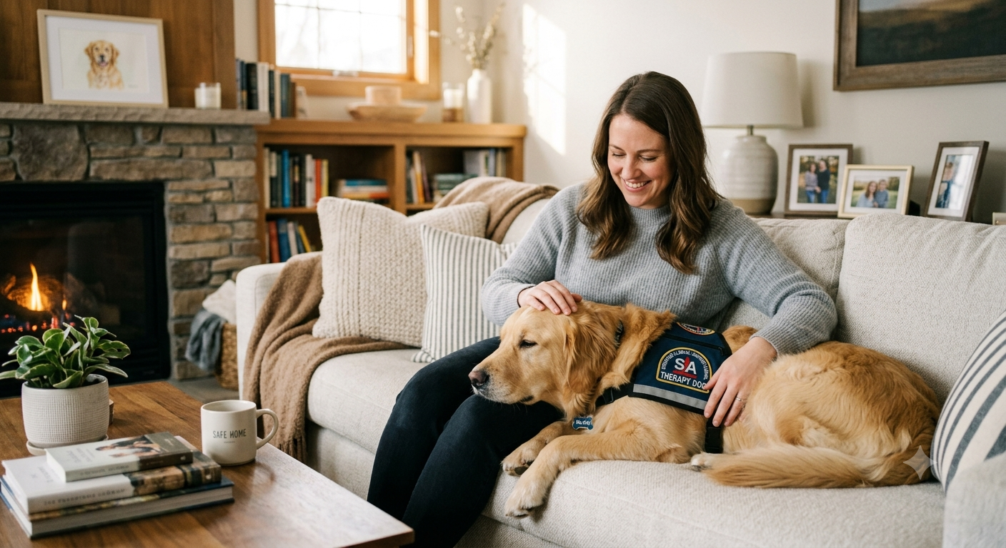 A person gently petting a calm dog in a cozy, comfortable living room, symbolizing a safe home with a clinical support animal.