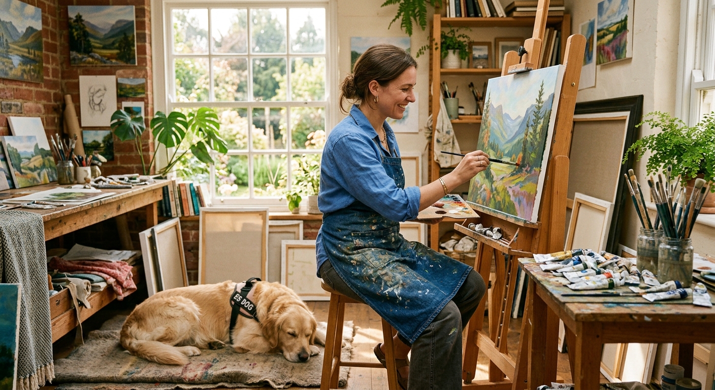 An artist with their emotional support dog calmly painting in a sunlit art studio, depicting peace and focus.