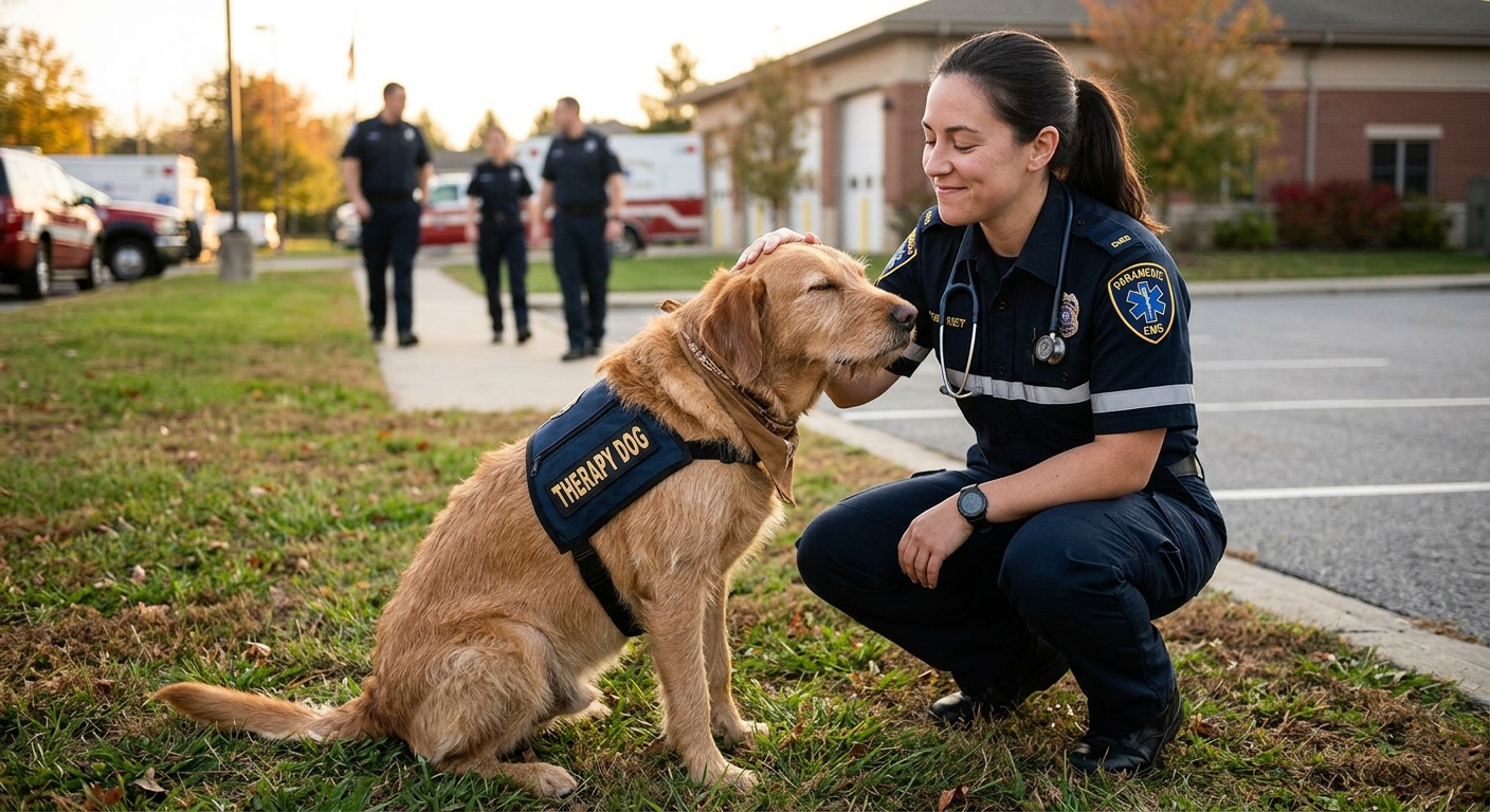A first responder in uniform petting a calm dog, symbolizing stress relief and decompression with a support animal.
