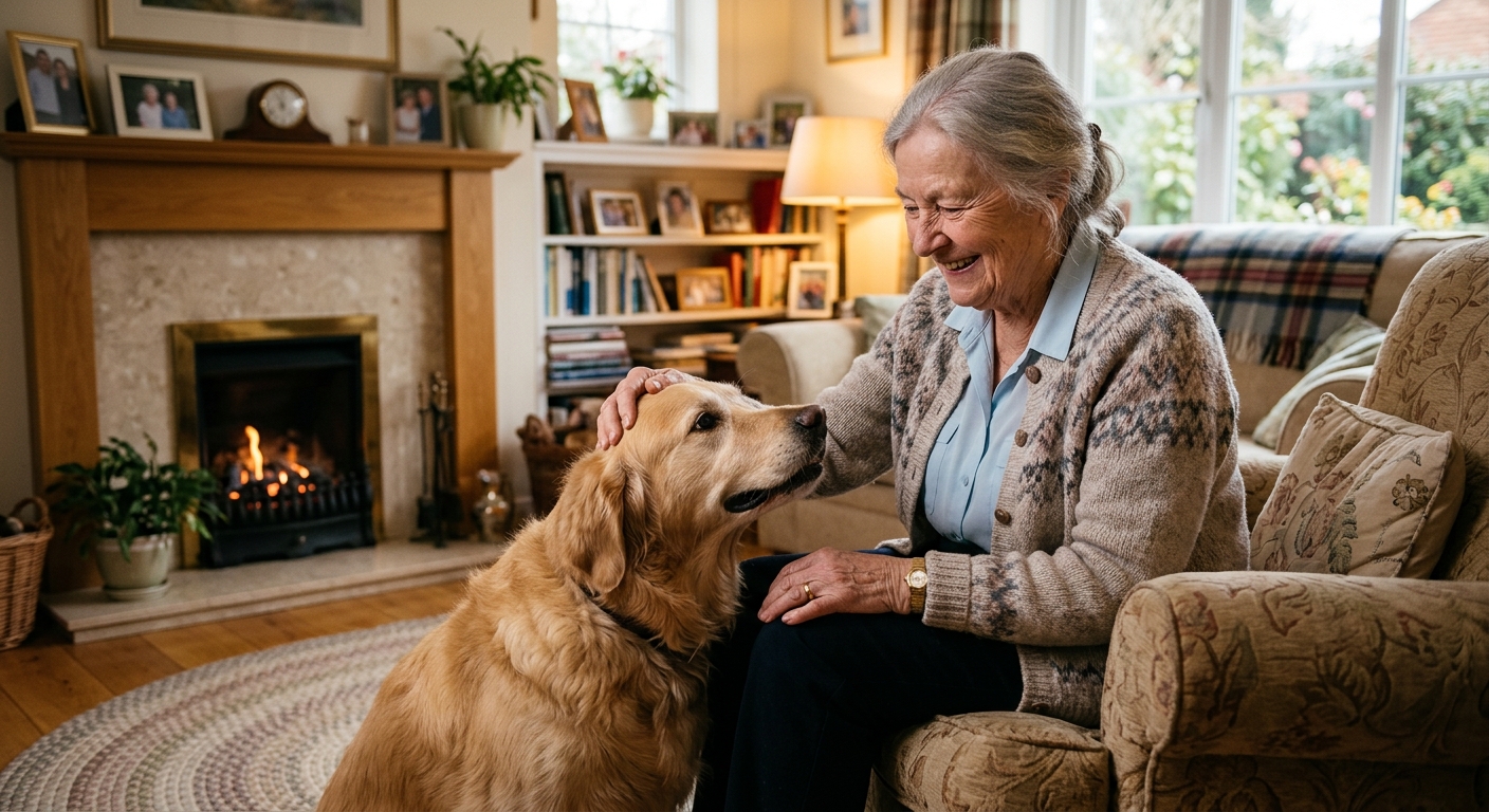 An elderly woman smiling and gently petting a golden retriever in a comfortable living room setting, symbolizing companionship and support.