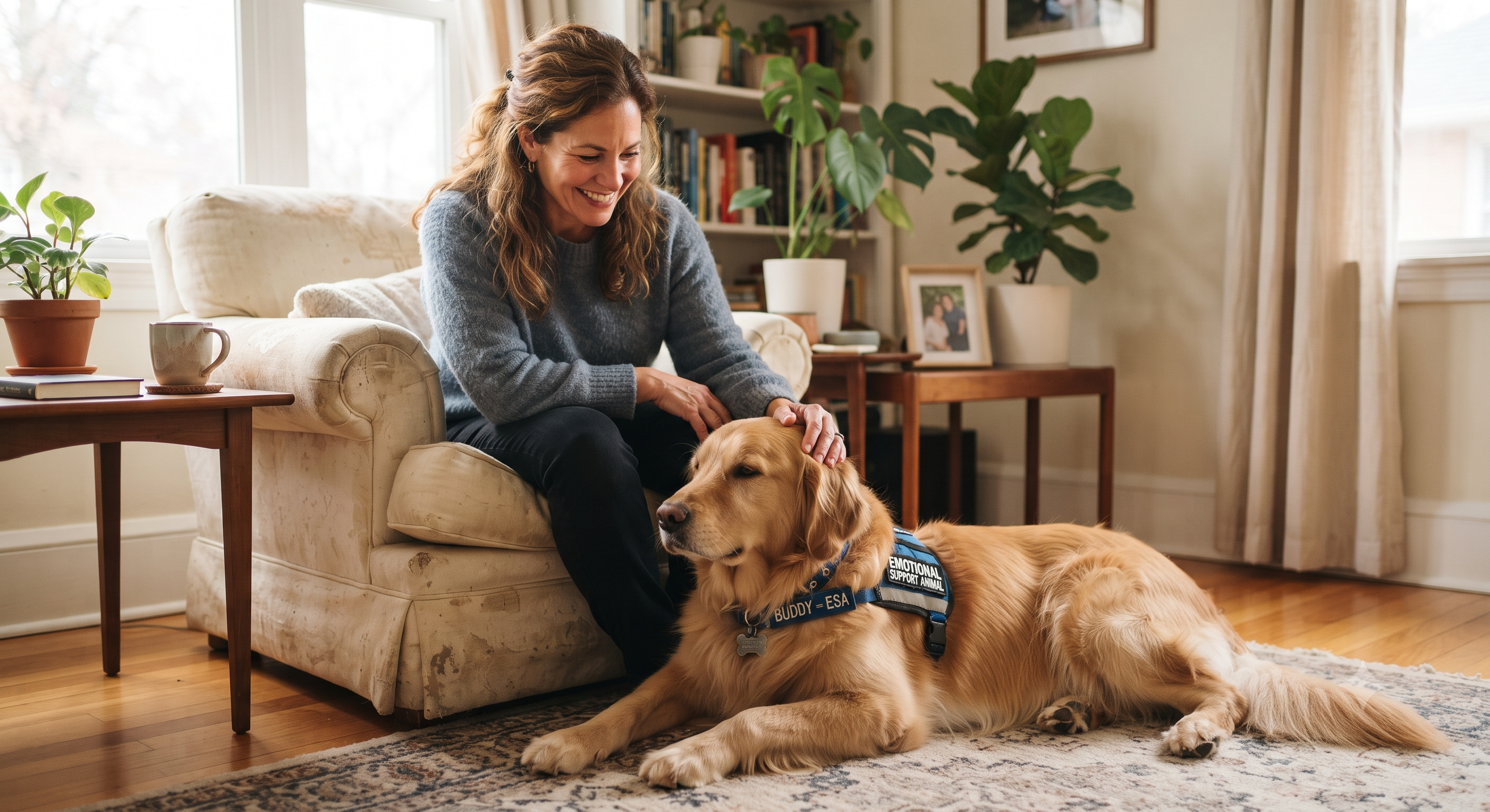 A smiling woman, Gloria, in her home, gently petting her golden retriever Emotional Support Animal, Buddy, who is lying calmly beside her.