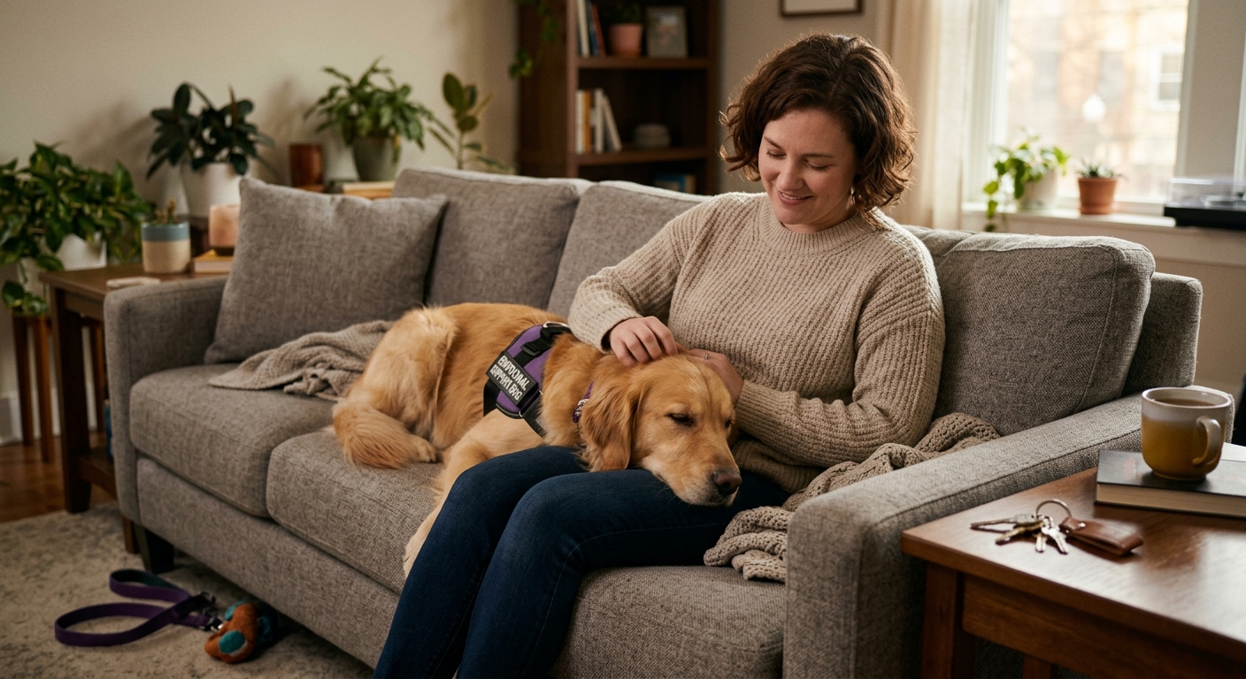 A person petting their emotional support dog on a couch, looking relaxed and happy, with house keys nearby.