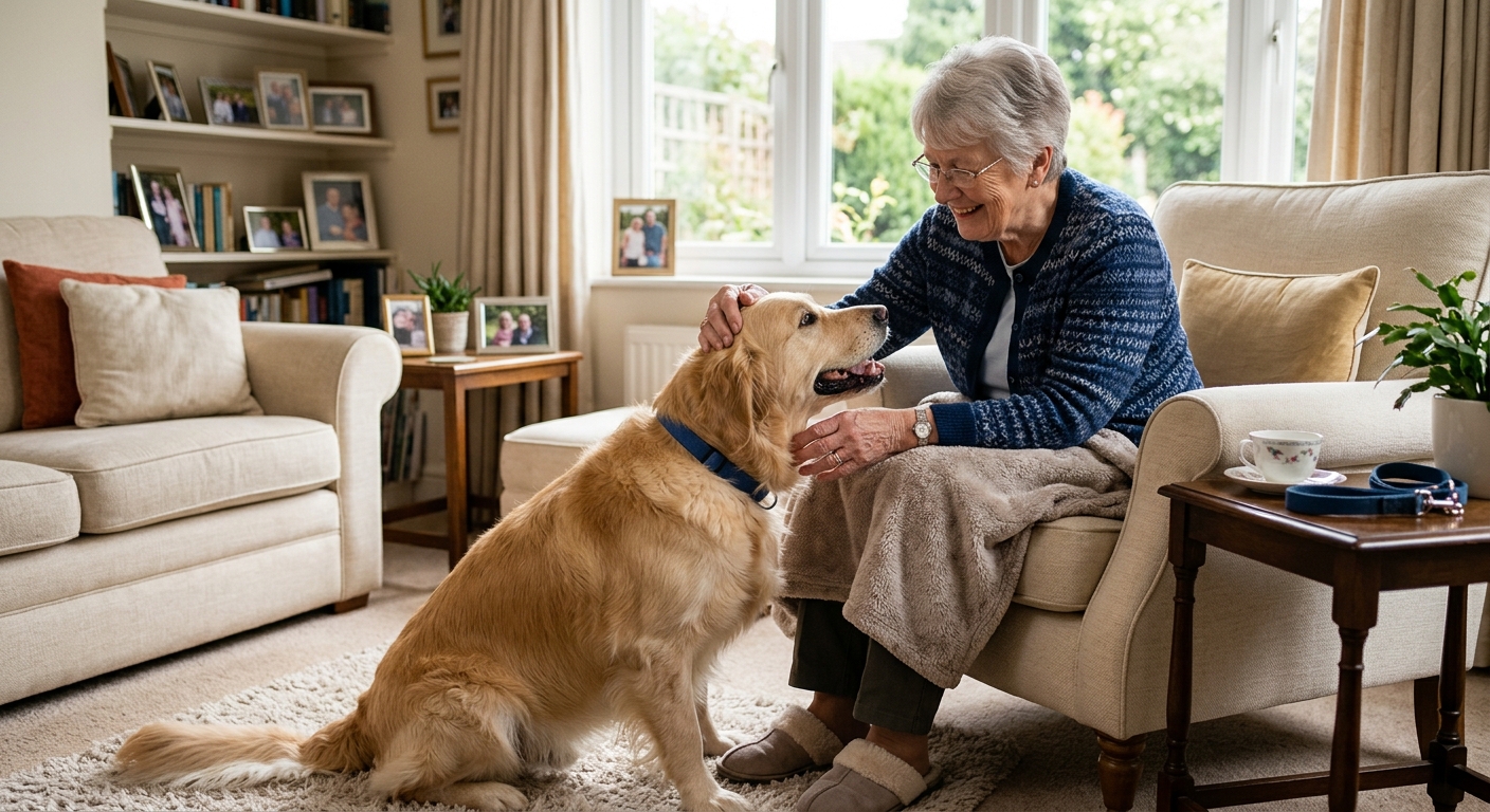 A senior woman gently petting a golden retriever in a home setting, symbolizing emotional support and companionship in at-home care.