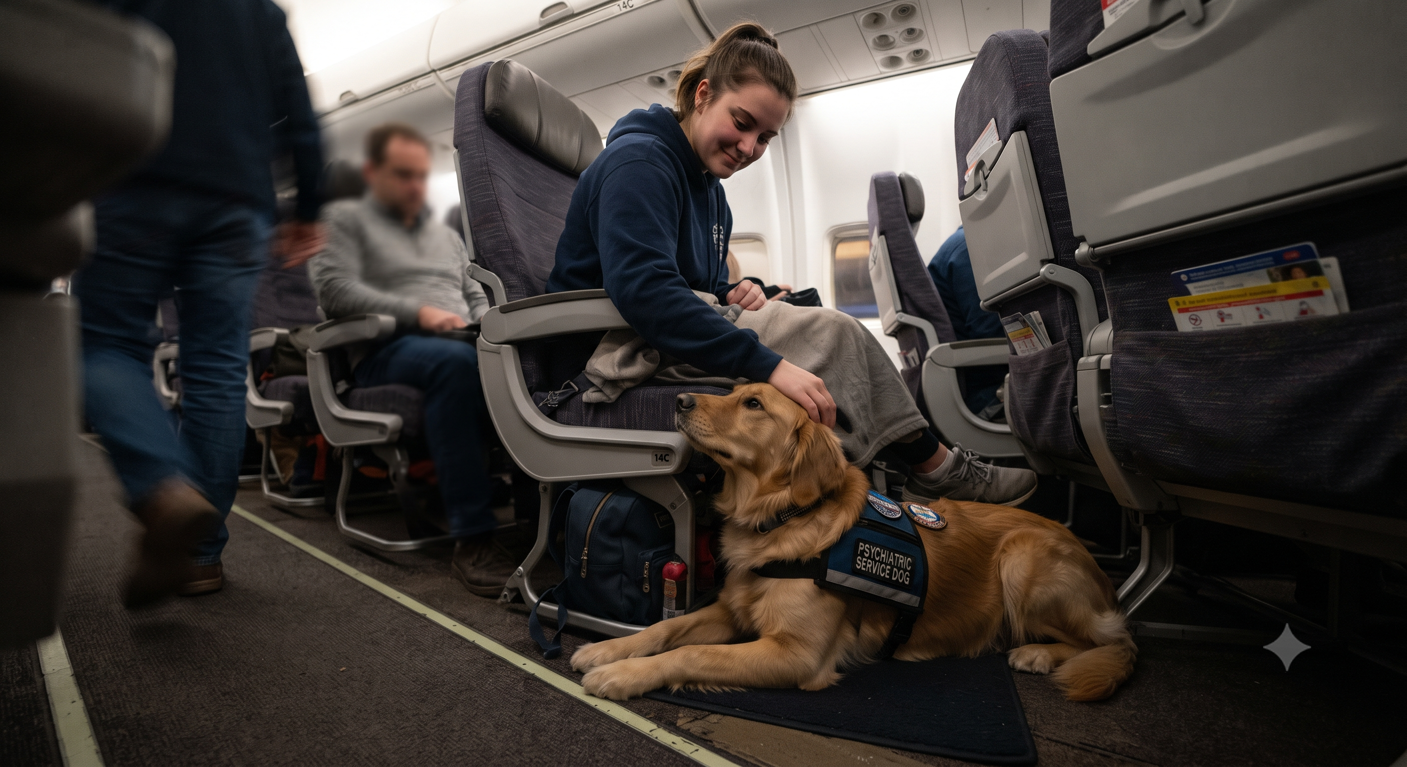 A Psychiatric Service Dog calmly sitting under a plane seat, comforting its handler during air travel.