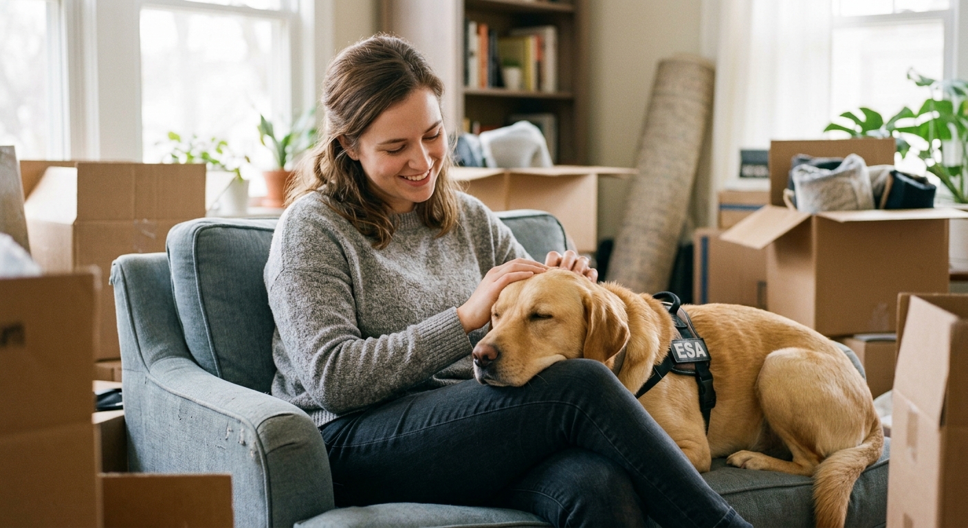 A person gently petting a calm dog, representing the comfort and support an Emotional Support Animal provides during life changes.