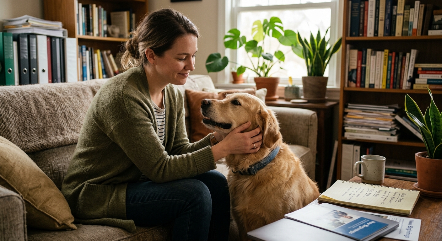 A person gently petting a dog, looking calm and content, suggesting emotional support during a stressful period like a career change.