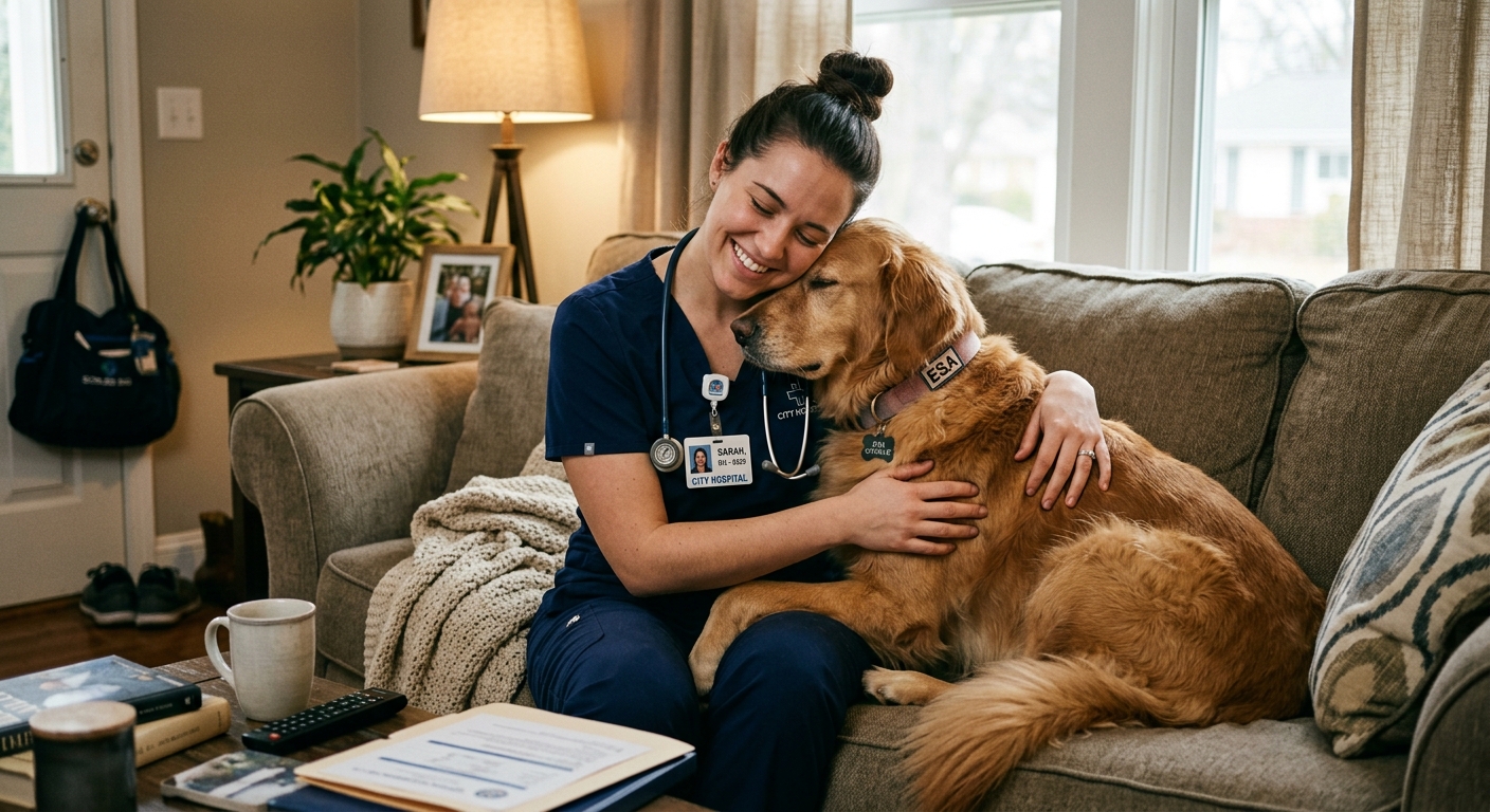 A healthcare professional in scrubs cuddling a calm dog in a home setting, illustrating the support ESAs provide to shift workers.