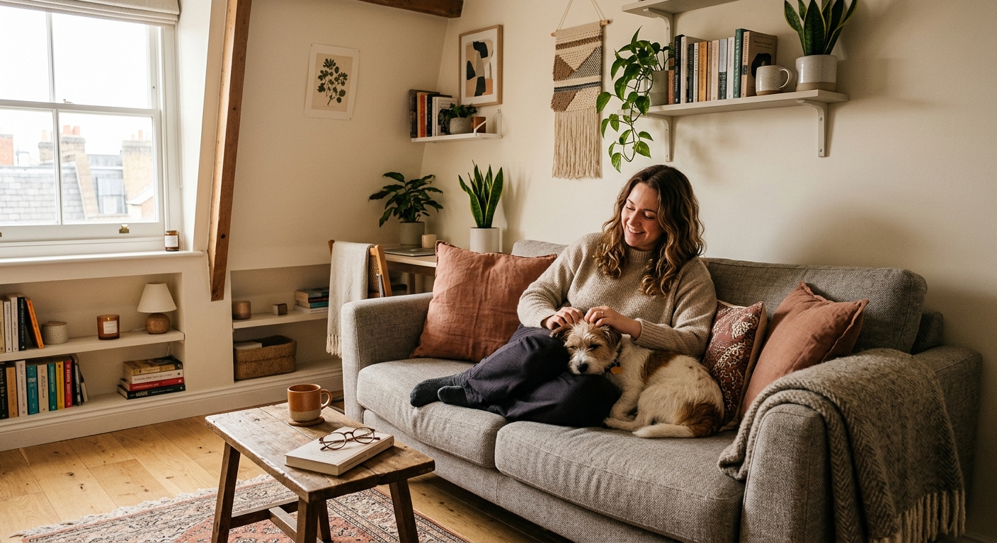 A person relaxing with their small dog on a couch in a cozy, modern micro-apartment.